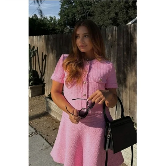 ZARA TEXTURED TWEED DRESS PINK Size M - Picture 8 of 15